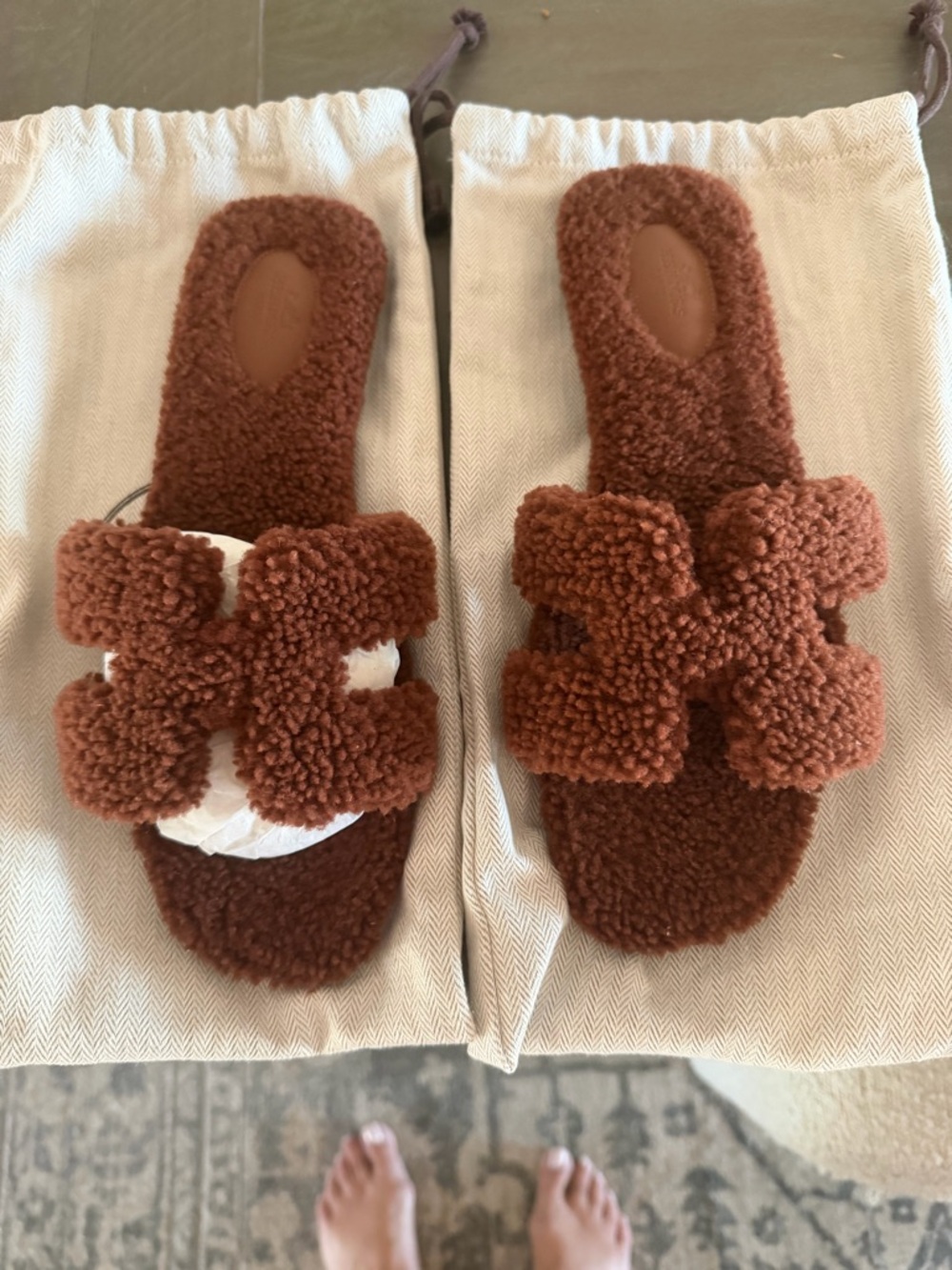 Hermes Rust Shearling Oran Slide Mules
